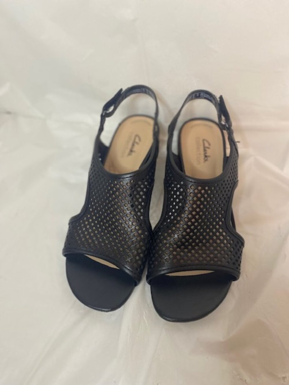 Clarks Collection Black Leather Perforated Block Heel Sandals - Women's Size 8